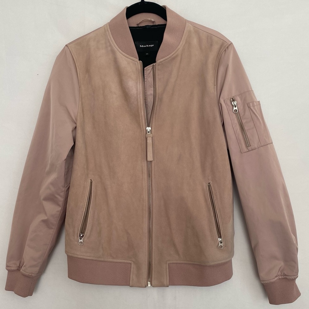 True color Mackage Dusty Pink %Goat Suede & Nylon Utility Bomber Jacket Size XS